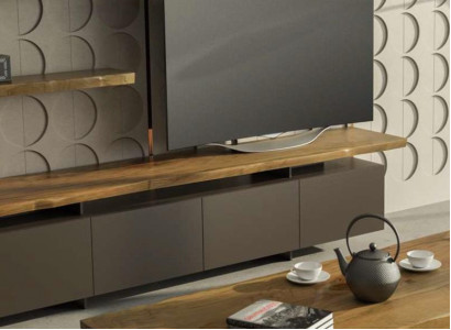 Moderner TV Ständer Mit Wandregalen Luxus Aufbewahrungsschränke Walnuss natur